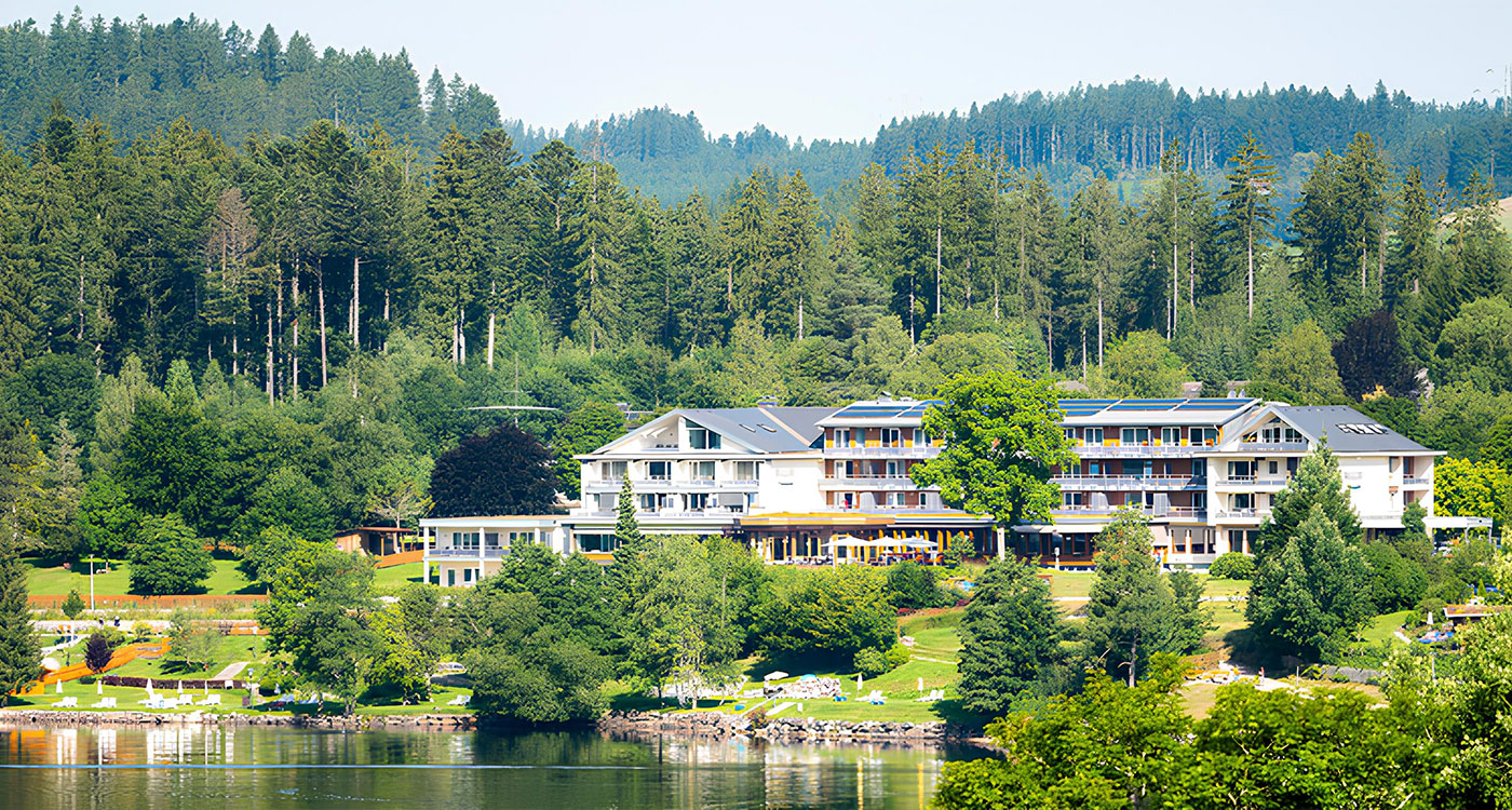 Sonnenliegen auf grüner Wiese mit Blick auf den See und die Berge 