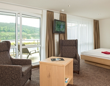 Blick auf die Terrasse die vom Zimmer abführt