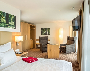 Das Zimmer mit großen Bett und 2 großen Sesseln