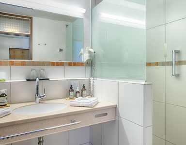 Auf der Ablage beim Waschbecken sind Pflegeprodukte zu sehen