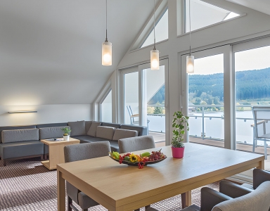 Das Panorama zeigt einen ungehinderten Blick auf den See