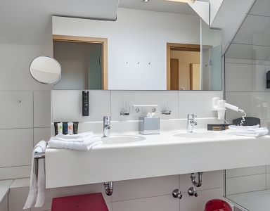 Badezimmer mit Badewanne, Dusche und doppelten Waschbecken