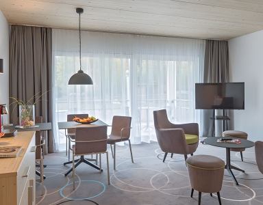 Wohnraum mit Esstisch, TV und bequemen Sesseln.